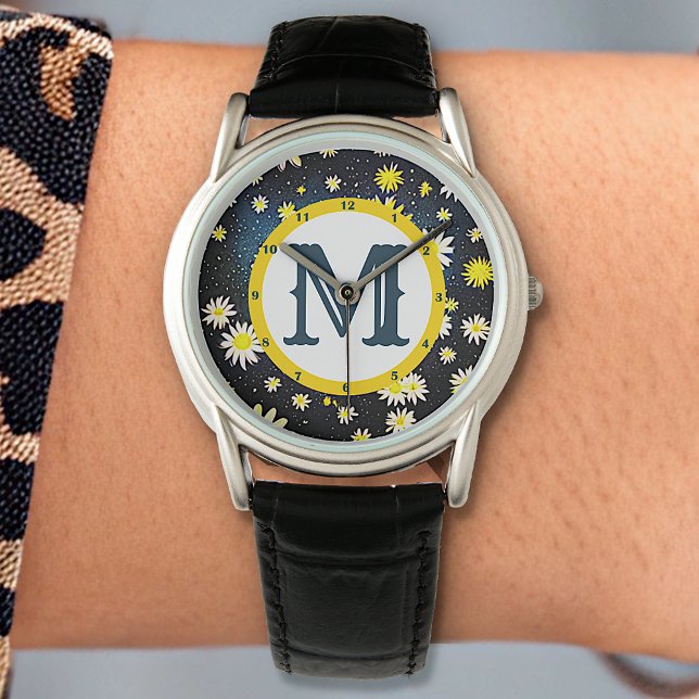 Galaxy Himlar Daisy Flowers Monogram Brev Mörk blå Armbandsur (Skapare uppladdad)