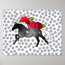 Galaxy Horse Black White Nebula Ro och Diamonds Poster
