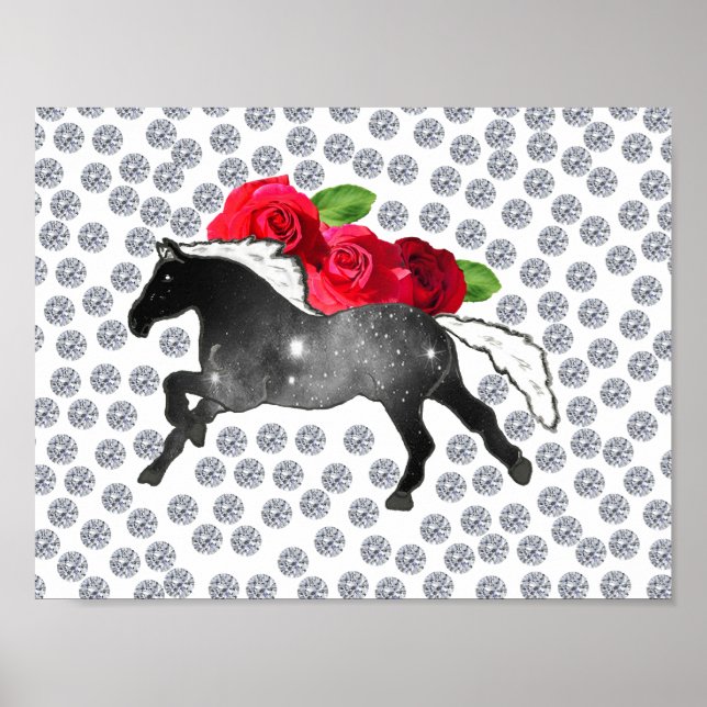 Galaxy Horse Black White Nebula Ro och Diamonds Poster (Framsidan)