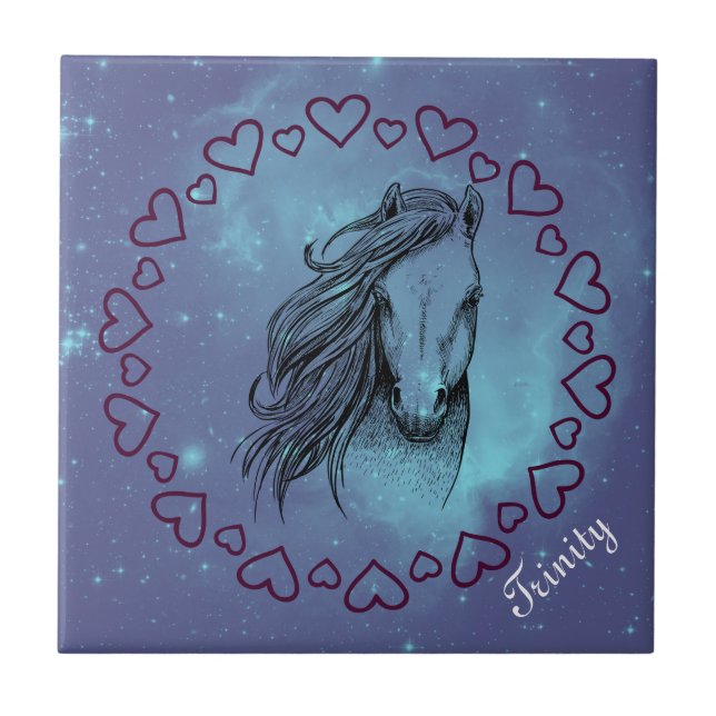 Galaxy Horse & Heartors med Namn som tillval Kakelplatta (Framsidan)