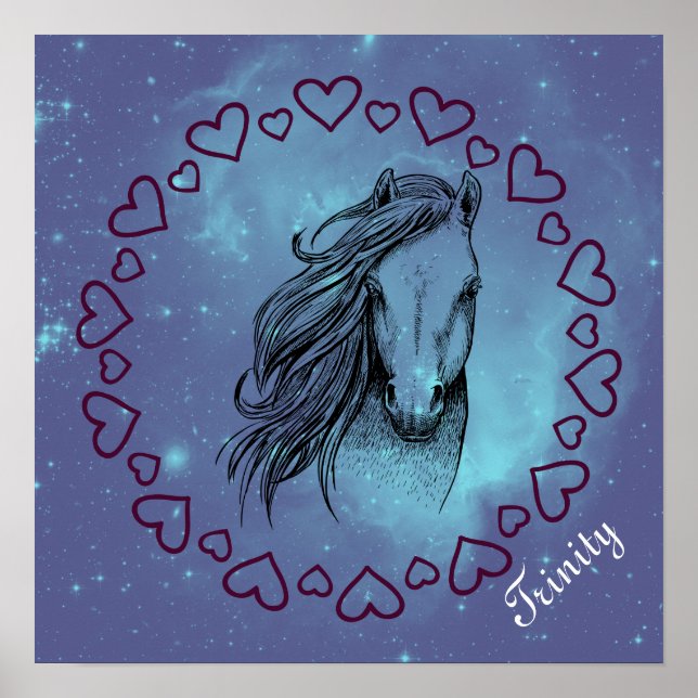 Galaxy Horse & Heartors med Namn som tillval Poster (Framsidan)