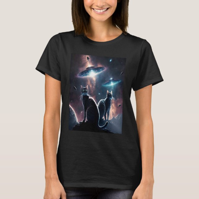Galaxy Kittens Katt UFO Katt i rymden 16 T Shirt (Framsida)
