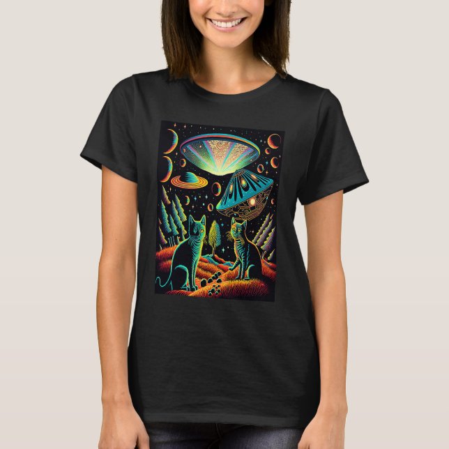 Galaxy Kittens Katt UFO  Katt I Rymden  34 T Shirt (Framsida)