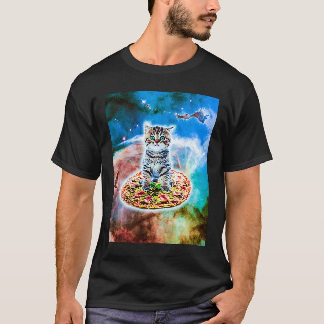 Galaxy Kitty Cat Riding Pizza In Space T Shirt (Framsida)