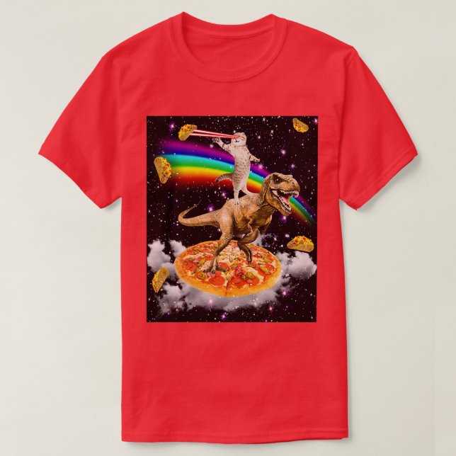 Galaxy Laser Öga Cat on Dinosaur on Pizza with Tac T Shirt (Design framsida)