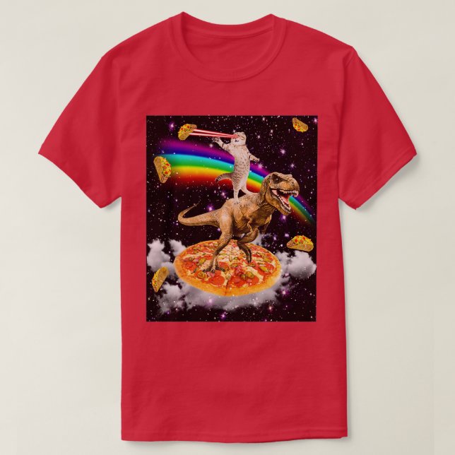 Galaxy Laser Öga Cat on Dinosaur on Pizza with Tac T Shirt (Design framsida)