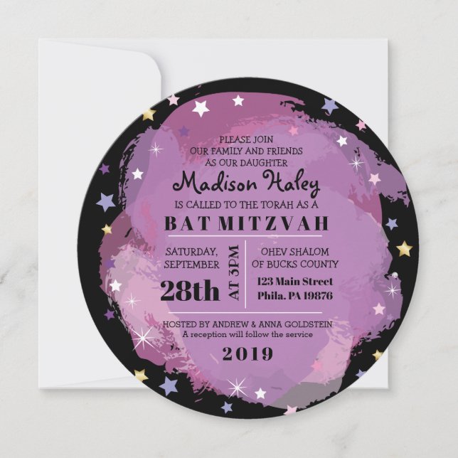 GALAXY Lila Guld Stars Bat mitzvah inbjudan (Framsida)