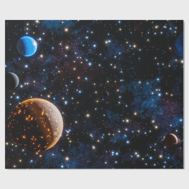 Galaxy med stjärnor och planeter presentpapper (Platt)