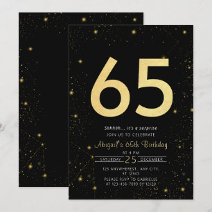 Galaxy Modern Black and Guld 65e Födelsedagsfest Inbjudningar