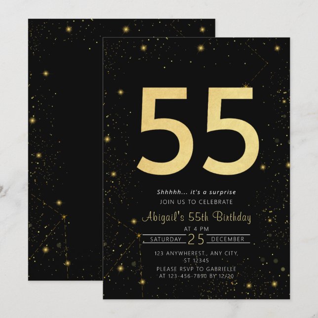 Galaxy Modern Black och Guld 55:e Födelsedagsfeste Inbjudningar (Fram/baksida)