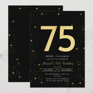 Galaxy Modern Black och Guld 75:e Födelsedagsfest Inbjudningar