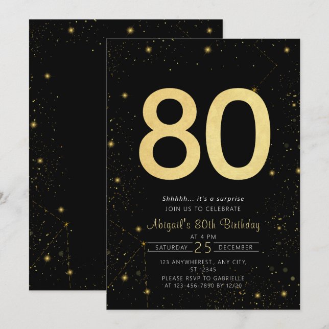 Galaxy Modern Black och Guld 80:e Födelsedagsfeste Inbjudningar (Fram/baksida)