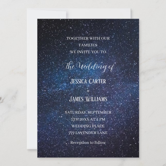 Galaxy Navy Blå himmel Starry Night Bröllop Inbjudningar (Framsida)