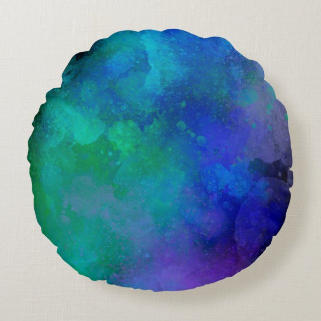Galaxy Paint Splatter, effekt Grönt Blue Rund Kudde (Framsidan)
