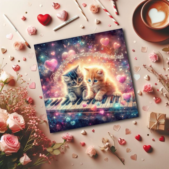 Galaxy Pastel Hearts Music Kittens Valentineser Julkort (Skapare uppladdad)
