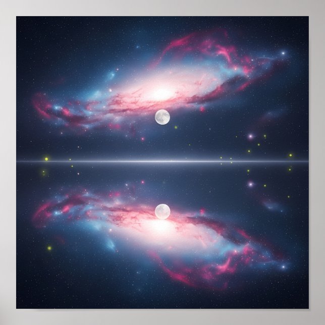 Galaxy Reflection Under Moonlit Cosmic Sky Poster (Framsidan)