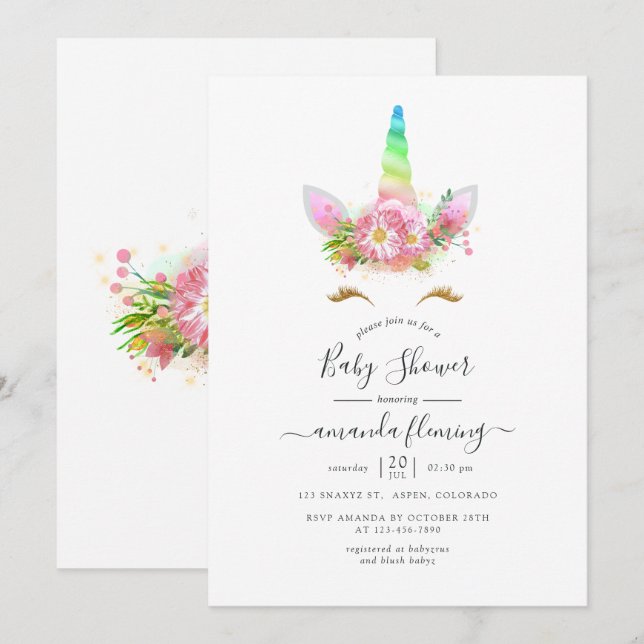 Galaxy Regnbåge Blommig Enhörning Baby Shower Inbjudningar (Fram/baksida)