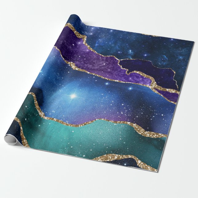 Galaxy Rosa Blue Lila Agate Faux Guld Glitter Presentpapper (Utrullad)
