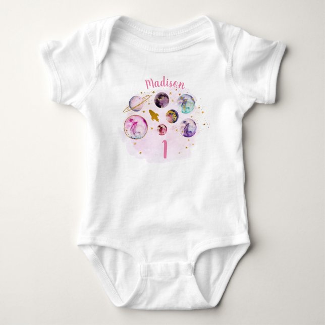 Galaxy Rosa Guld Girl Rymden First Birthday T Shirt (Framsida)