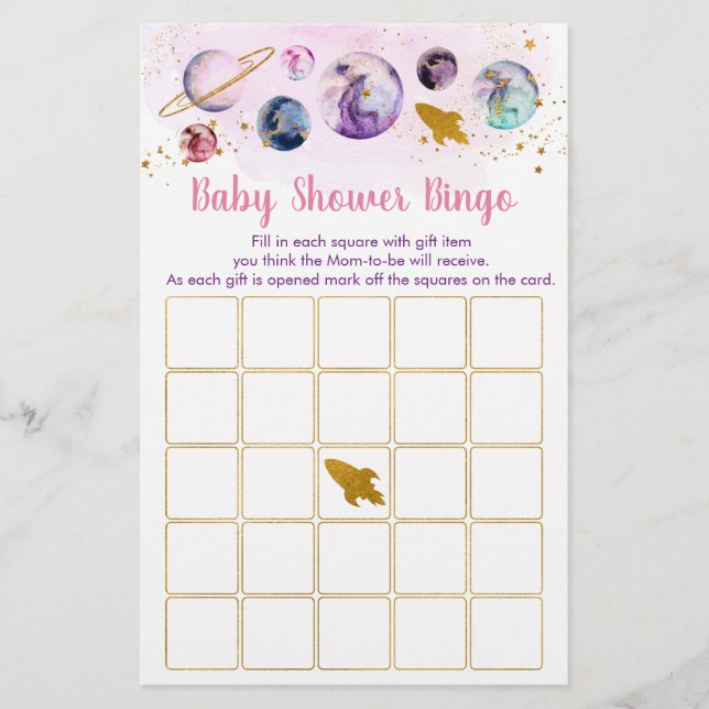 Galaxy Rosa Guld Space Baby Shower Bingo Game (Framsida)