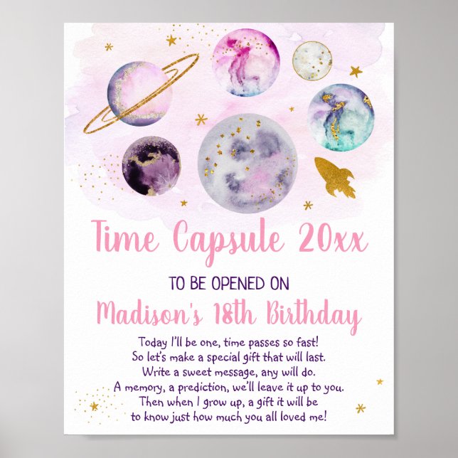 Galaxy Rosa Guld Space Time Capsule 1:a födelsedag Poster (Framsidan)