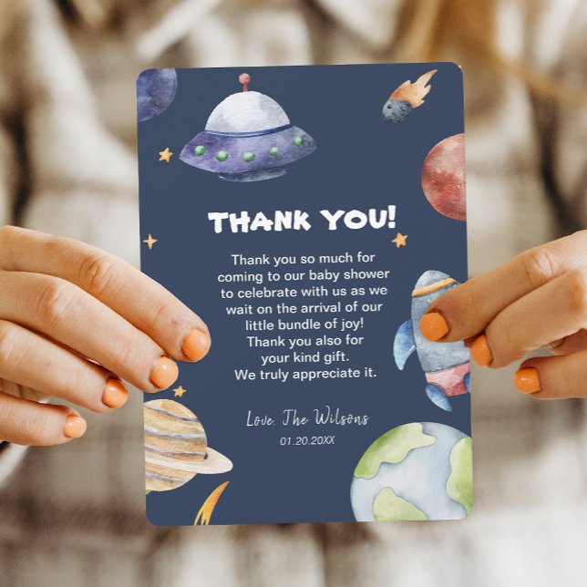 Galaxy Rymden Boy Baby Shower Tack för ditt kort (Galaxy Outer Space Boy Baby Shower Thank You Card)
