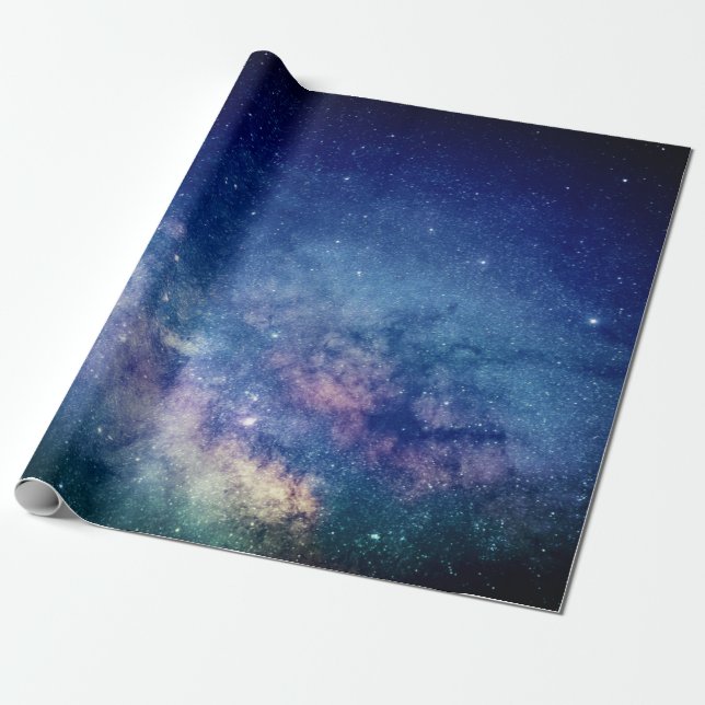 Galaxy Rymden Himlar Stars Celestial Blue Wrapp Presentpapper (Utrullad)
