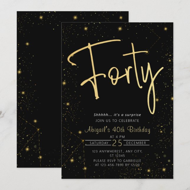 Galaxy Script Black och Guld 40:e födelsedagen Par Inbjudningar (Fram/baksida)