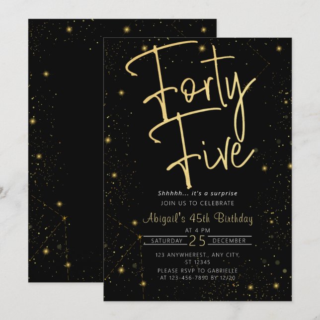Galaxy Script Black och Guld 45:e Födelsedagsfeste Inbjudningar (Fram/baksida)
