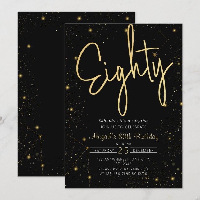Galaxy Script Black och Guld 80:e Födelsedagsfeste Inbjudningar (Fram/baksida)