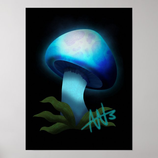 Galaxy Shiitake Glowing Light Blue Mushroom Poster (Framsidan)