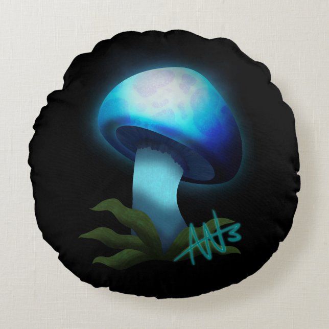 Galaxy Shiitake Glowing Light Blue Mushroom Rund Kudde (Framsidan)