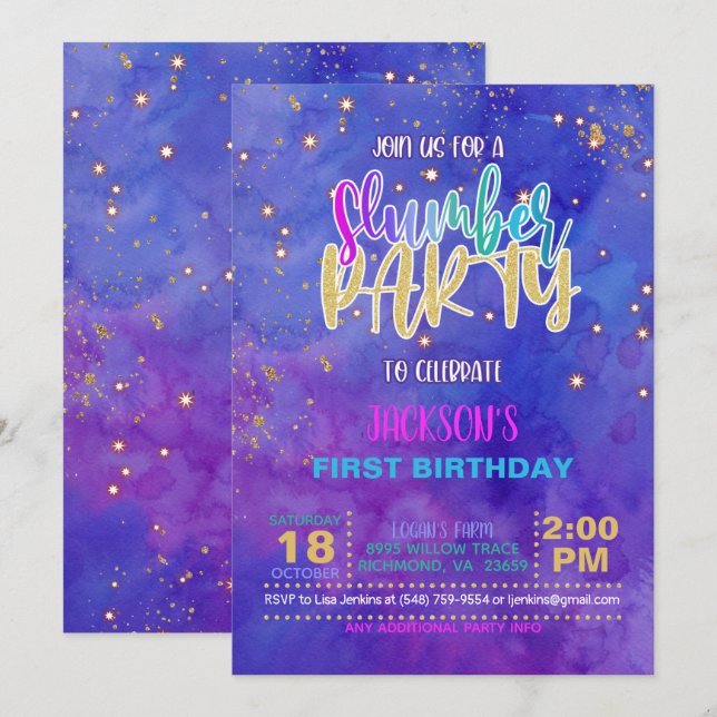 Galaxy Slumber Party Birthday-inbjudan Inbjudningar (Fram/baksida)