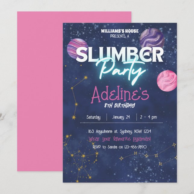 Galaxy slumber party Birthday-inbjudan Inbjudningar (Fram/baksida)