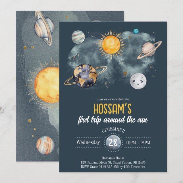 Galaxy Sol Måne Stars Planets för rymden-dagstidni Inbjudningar (Fram/baksida)