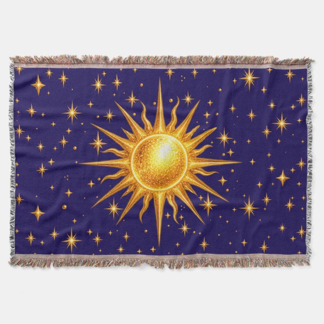 Galaxy Sol och Stjärnor Falskt Guld Marinblå   Filt (Framsidan)
