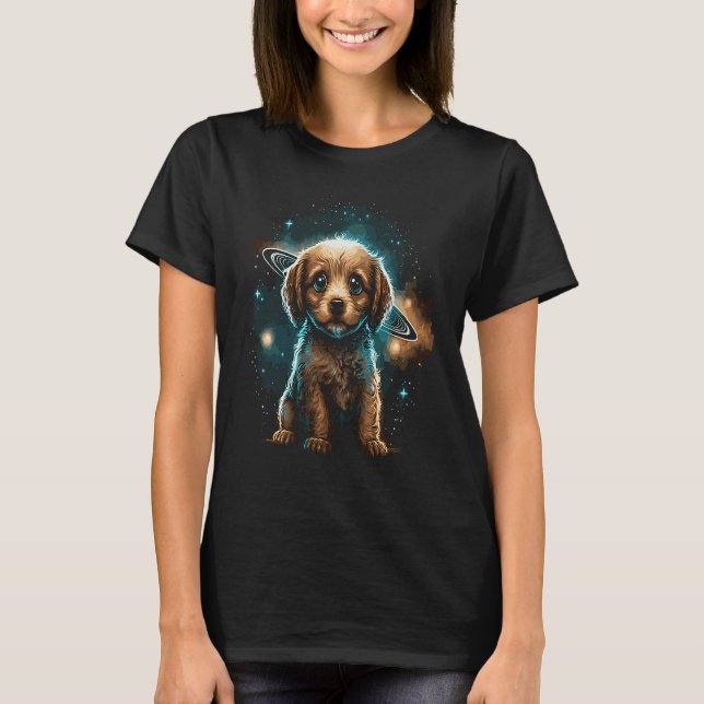 Galaxy Space Astronaut Dog Saturn Planets T Shirt (Framsida)
