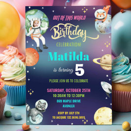 Galaxy Space Astronaut Planets Girl Birthday Photo Inbjudningar