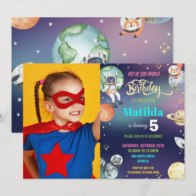 Galaxy Space Astronaut Planets Girl Birthday Photo Inbjudningar (Fram/baksida)