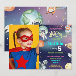 Galaxy Space Astronaut Planets Girl Birthday Photo Inbjudningar