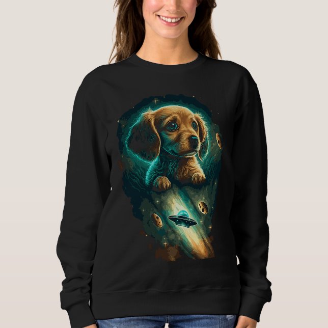 Galaxy Space Astronaut Puppy Dog Flying Ufo Aliens T Shirt (Framsida)