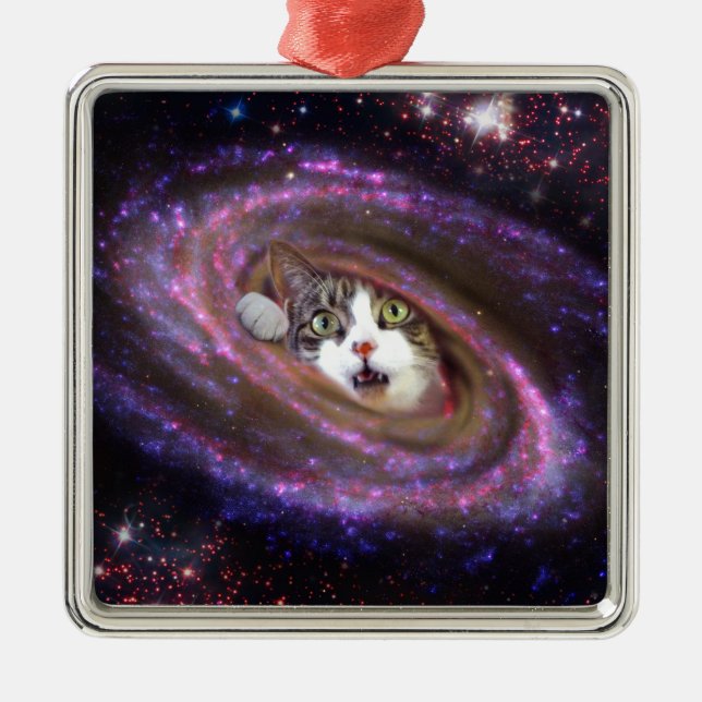 Galaxy Space Cats LOL Funny Square Ornaments Julgransprydnad Metall (Framsidan)