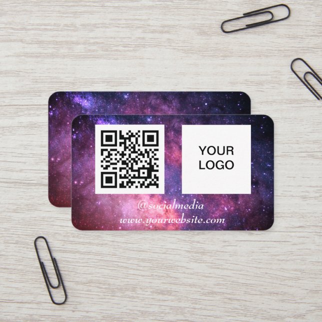 Galaxy Space Social media QR Code Lila Modern Visitkort (Fram/Back In Situ)