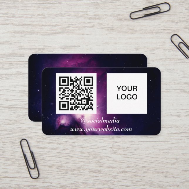 Galaxy Space Social media QR Code Lila Modern Visitkort (Fram/Back In Situ)