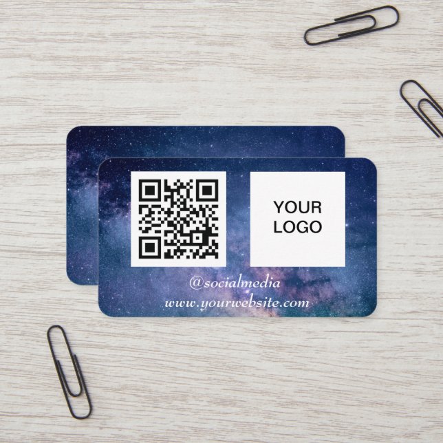 Galaxy Space Social media QR Code Navy Blue Modern Visitkort (Fram/Back In Situ)