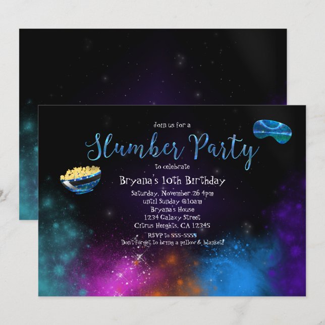 Galaxy Space Sömnparty Födelsedagsinbjudningar Inbjudningar (Fram/baksida)