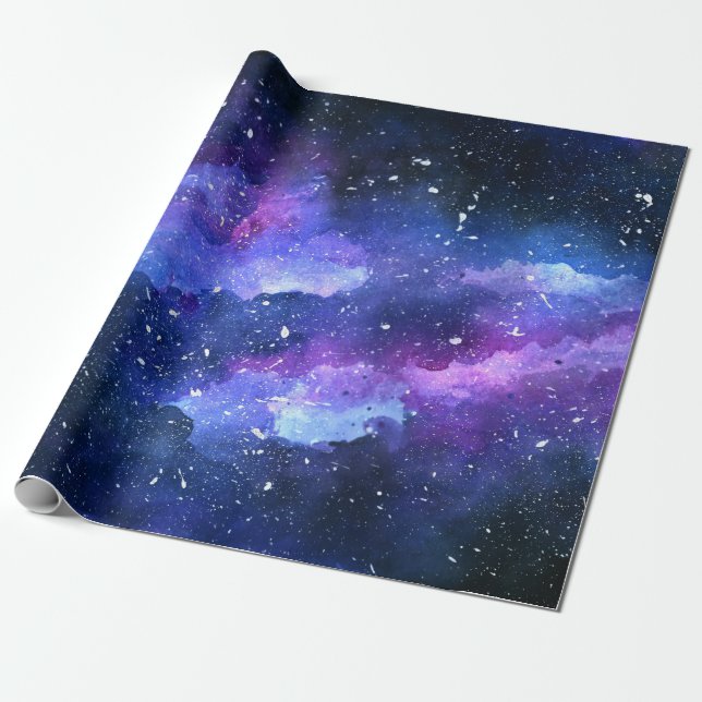 Galaxy Space Universe Watercolor Lila Presentpapper (Utrullad)