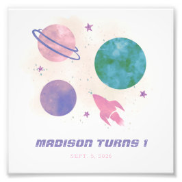 Galaxy Space Watercolor Planet Girl 1st Birthday Fototryck