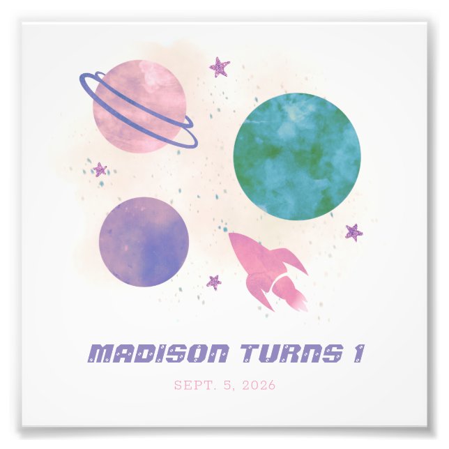 Galaxy Space Watercolor Planet Girl 1st Birthday Fototryck (Framsidan)