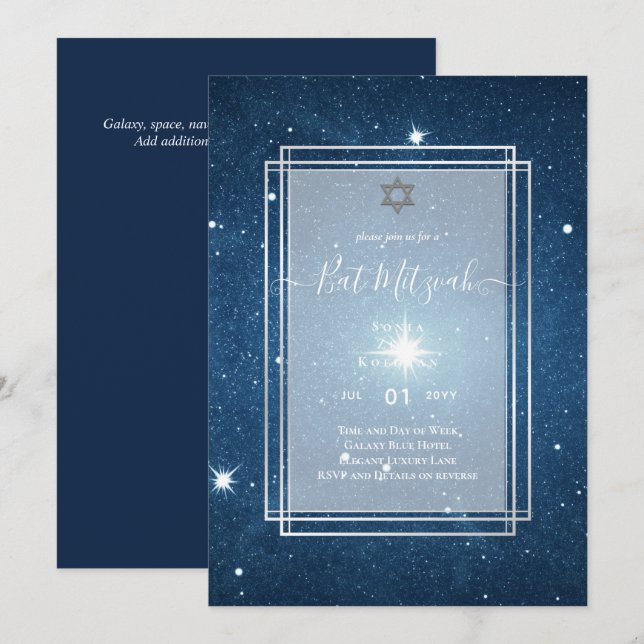 Galaxy Starry Nattens BAT MITZVAH inbjudan (Fram/baksida)